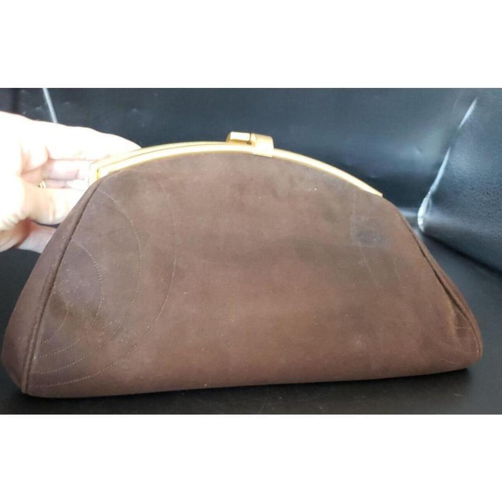 Vintage Dark Brown Velvet Gold Trim Block Wristlet strap Bag Purse w/ mirror! - Picture 12 of 14